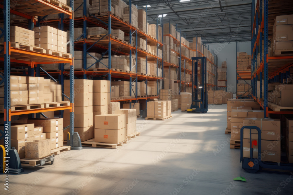 Retail warehouse with shelves full of goods in cardboard boxes. Workers ...