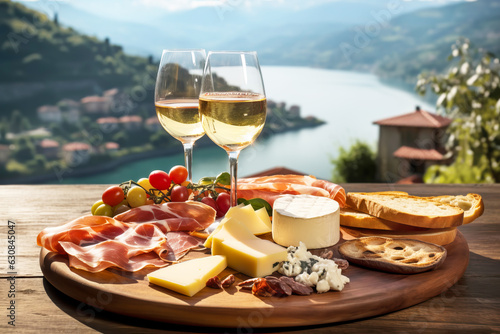 Italian appetizer prosciutto antipasti and and wine on a wooden terrace overlooking mountain lake. 