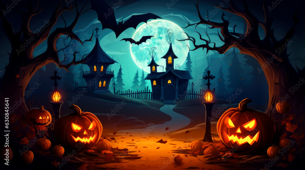 Fototapeta premium Happy Helloween, big creepy pumpkins celebrate Halloween night on a dark street