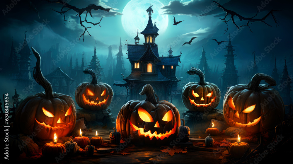 Happy Helloween, big creepy pumpkins celebrate Halloween night on a dark street
