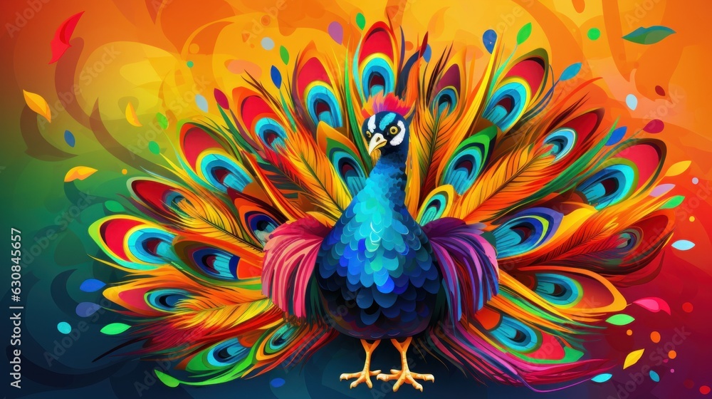 Vibrant peacock painting on a colorful farm background - obrazy, fototapety, plakaty 
