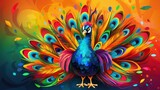 Vibrant peacock painting on a colorful farm background
