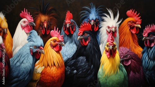 Vibrant group of roosters posing together on a farm photo