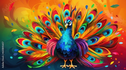 Vibrant peacock painting on a colorful farm background © KerXing