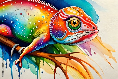chameleon on a branch of a tree, water color splash art 