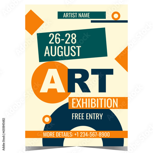 Art exhibition poster or banner with abstract geometric shapes on the background. Invitation leaflet or promo flyer for culture event, sculpture exposition in museum, picture and photo gallery.
