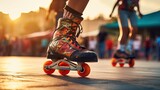 Close up of roller skates during a race