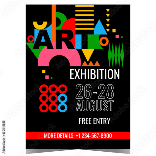 Art exhibition colourful poster with geometric shapes and decorative abstract elements. Vector illustration for museum exposition, photo and painting gallery, famous artists collections fair.