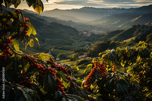 View of a Coffee plantation of Colombia or Brazil with coffee plants in the foreground. Close up view Coffee fruit. photo