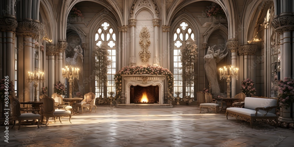 Reception room of a castle with fireplace, table, candlesticks, marble floor