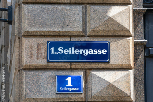 Wall plaques with district number and street name Seilergasse in Vienna