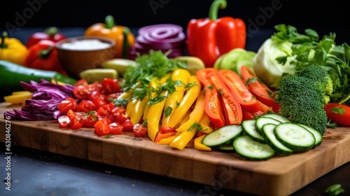Colorful assortment of fresh vegetables on a rustic wooden cutting board