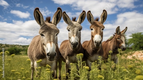 Billede på lærred Group of donkeys standing in a peaceful farm field