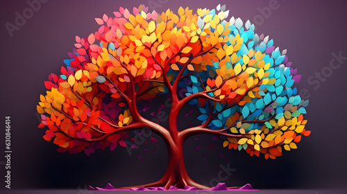 Fototapeta Naklejka Na Ścianę i Meble -  Elegant colorful tree with vibrant leaves hanging branches illustration background. Bright color 3d abstraction wallpaper for interior mural painting wall art decor. Ai