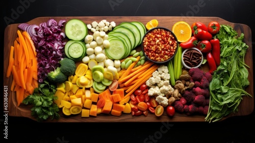 Colorful assortment of fresh vegetables on a wooden cutting board