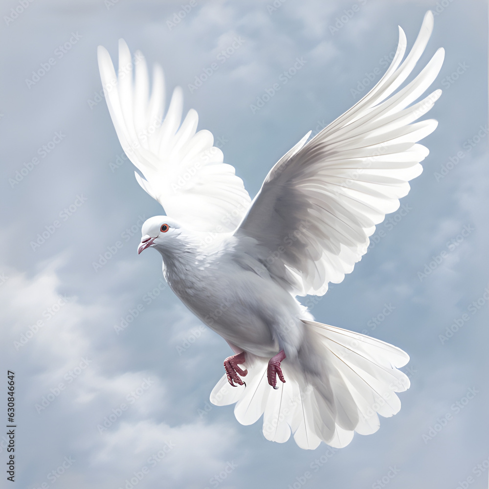 Closeup of a white dove in midflight, symbolizing peace, new beginnings, and prosperity. Also an excellent religious and spiritual representation, generative ai.
