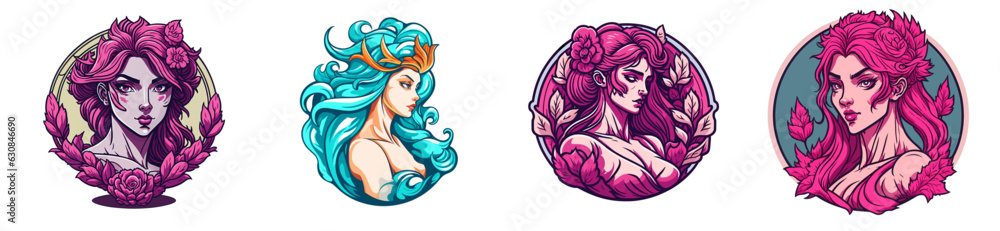 Aphrodite's Allure: Captivating Vector Logo Set for Sport, Esport Teams, Badges, and T-Shirt Printing - Modern Illustrations that Mesmerize