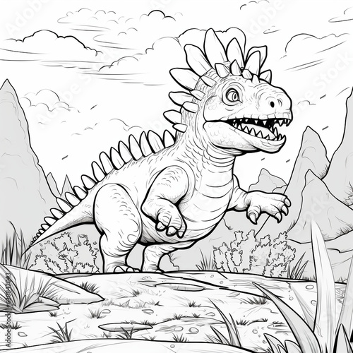 a dinosaur running through the jungle coloring page