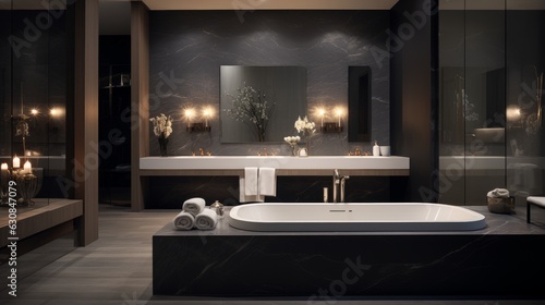 Luxurious bathroom with a spacious bathtub and flickering candles