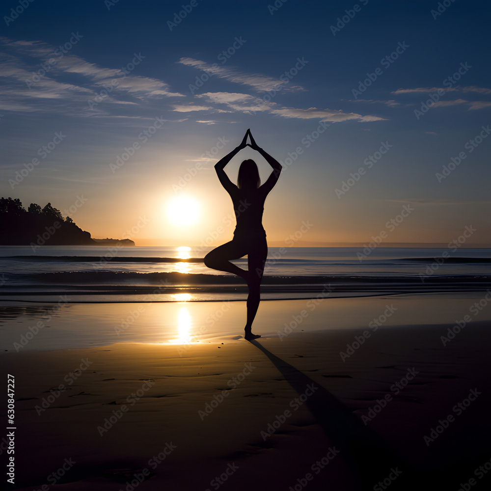 Yoga Tree pose of a woman on a beach with a sunset or sunrise in the background. Represents health, vitality, and the mind and body benefits of Yoga and exercise. Generative ai.