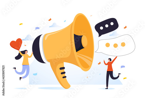 Social media promotion scenes. Characters using big loudspeaker to communicate with audience, sending advertising emails