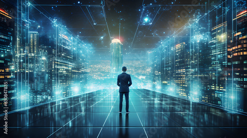 Navigating the Cloud: Businessman Delving into Data Center's Virtual Realm 