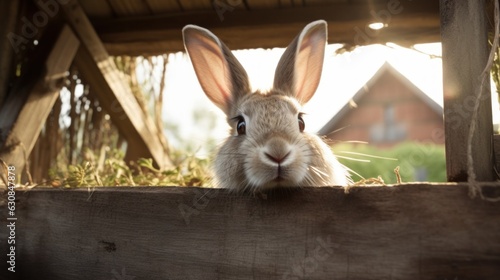 Curious rabbit peeking over a rustic wooden fence