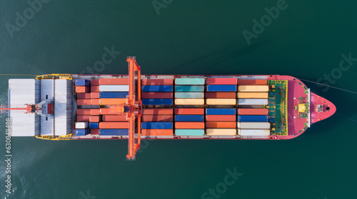 Aerial top view of cargo maritime ship with contrail in the ocean ship carrying container. Export concept. Technology freight shipping by ship forwarder mast.