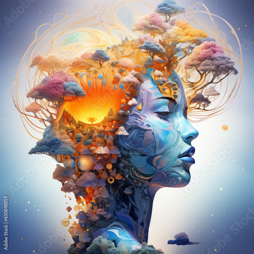 a woman's head with a bunch of flowers in the middle photo