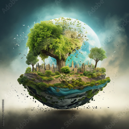 Illustration dedicated to June 5, World Environment Day. Planet Earth surrounded by green forests and seas. AI generated.