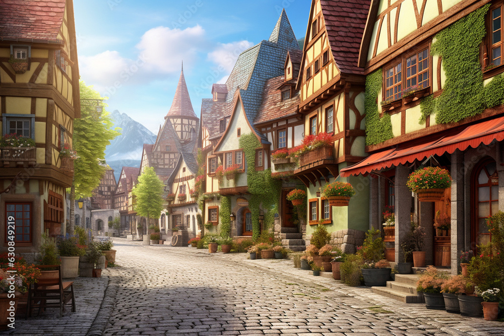 Obraz premium Picturesque quarter, street of the European city of the 19th century with stone houses. AI generated.