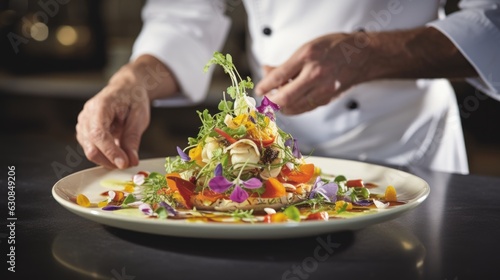 Chef preparing a plate of food on a tabl