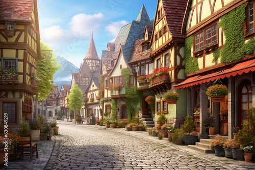 Picturesque quarter, street of the European city of the 19th century with stone houses. AI generated.