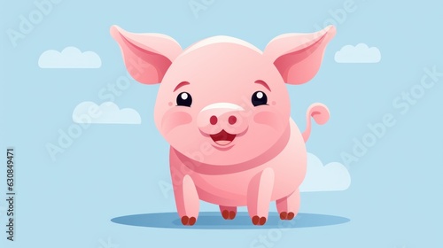 Cute pink pig standing in a picturesque farm against a vibrant blue sky