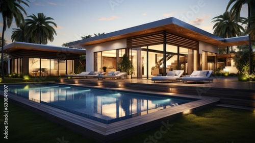 Luxurious house with a beautiful swimming pool in the front yard © KerXing