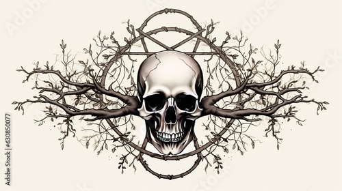 Vintage branch occult pentagram with skull, witchcraft botanical illustration Generative AI photo