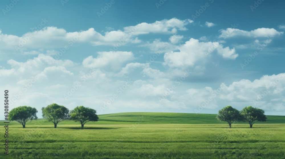 Serene landscape with lush green fields and towering trees Serene landscape with lush green fields and towering trees