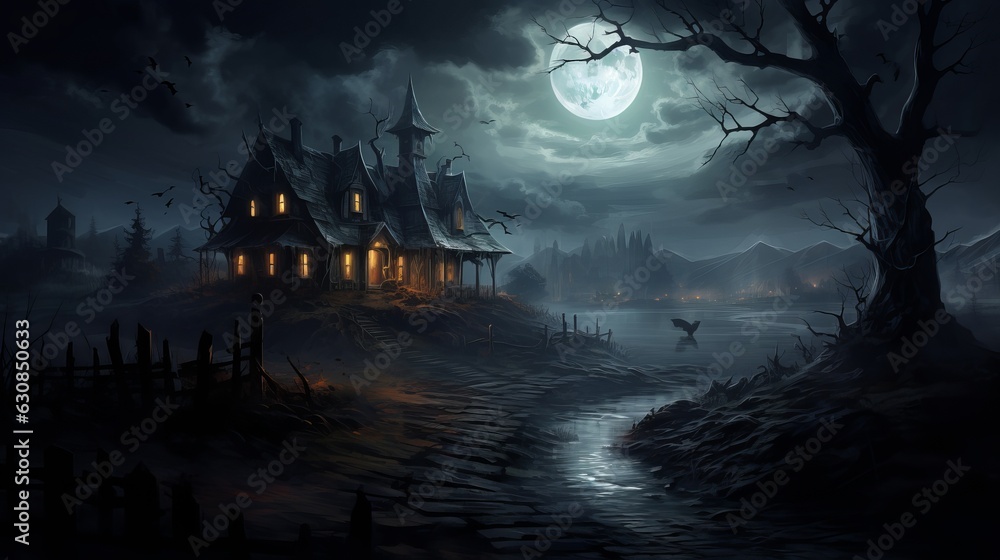 Dark halloween house with moon Generative AI Dark halloween house with moon Generative AI