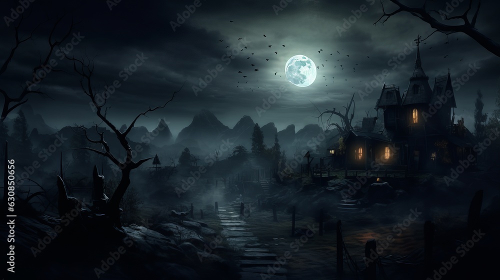 Dark halloween house with moon Generative AI