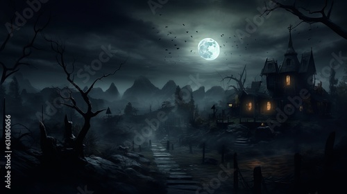 Dark halloween house with moon Generative AI © Suleyman