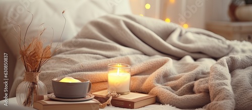 A comfortable home with a cup of coffee, candles, blanket, and book. A hygge home interior or relaxation concept. Banner with copy space. photo