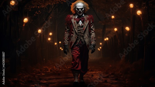 male evil ghost clown in the style of carival or circus halloween fall setting full length night time Generative AI