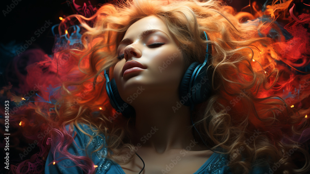 beautiful girl in headphones with closed eyes listens to music photo