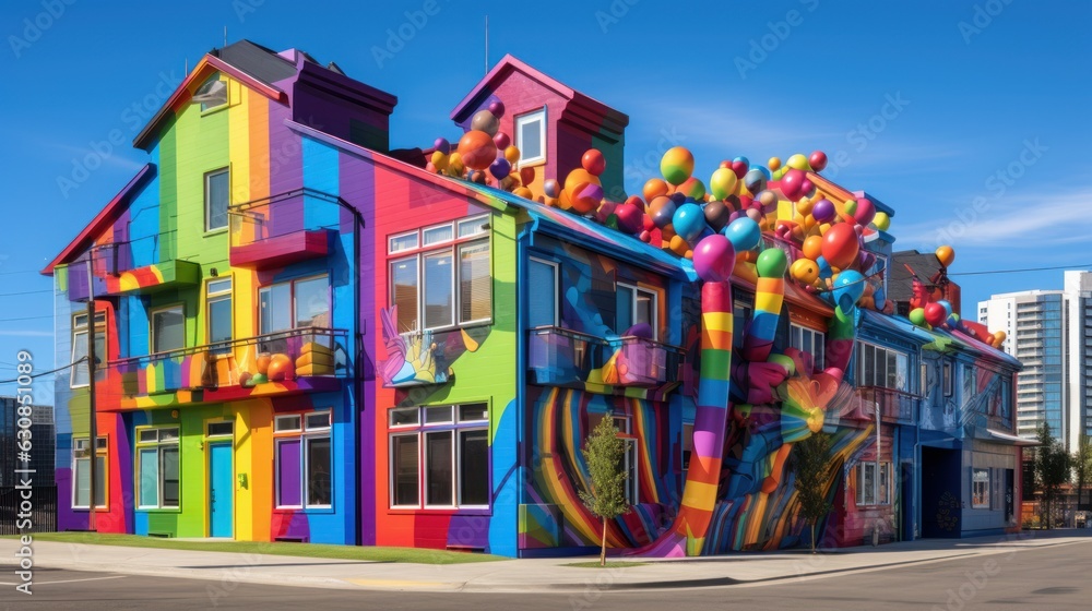 Colorful house building standing against a beautiful blue sky.