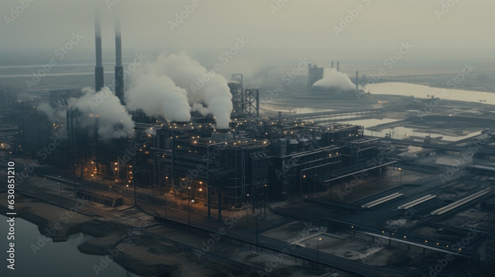 Aerial view of an industrial complex or factory releasing smoke.