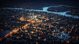 Illuminated cityscape at night from an aerial perspective
