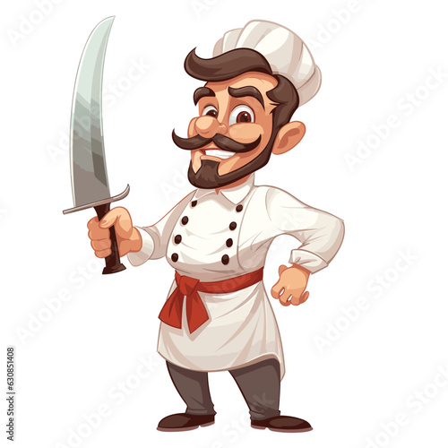 Butcher character cartoon vector illustration, butcher holding meat, and knife, butcher shop, cartoon character