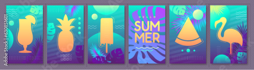 Set of fluorescent summer posters with silhouette. Vector illustration