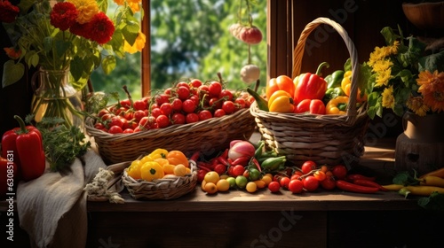 Table filled with fresh fruits and vegetables in colorful baskets