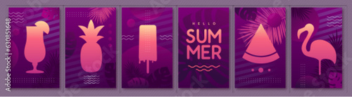 Set of fluorescent summer posters with silhouette. Vector illustration